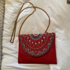 Vibrant Red Beaded Clutch with Chain Strap